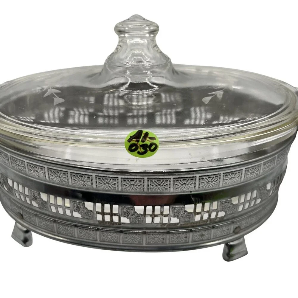 Pyrex 1.5qt Vintage Oval Glass Casserole Dish Etched Silver Plated Footed Holder